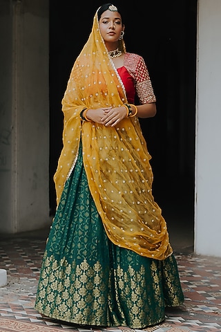 Green Moonga Banarasi Silk Lehenga Set by Anjana Bohra