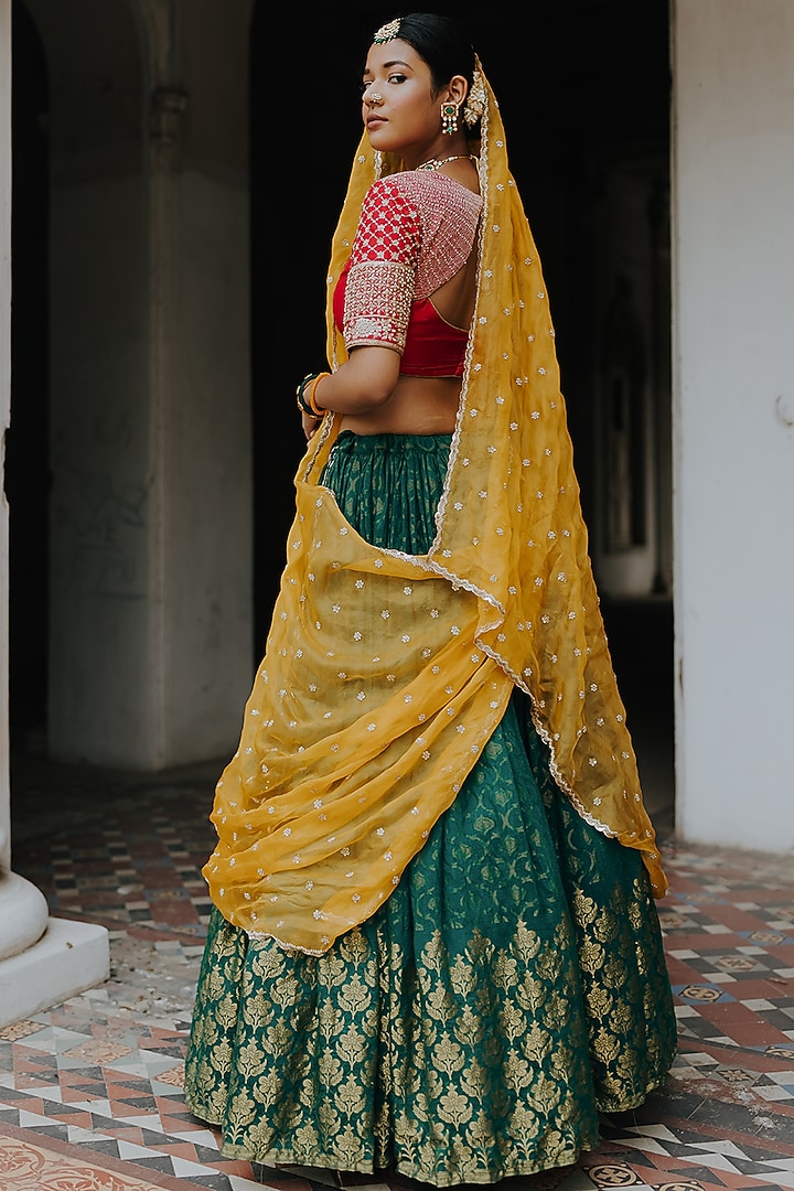 Green Moonga Banarasi Silk Wedding Lehenga Set by Anjana Bohra at Pernia's Pop Up Shop