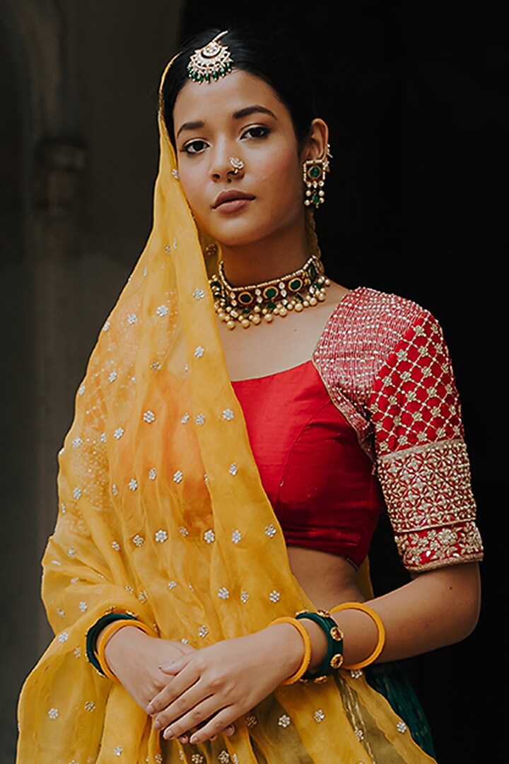 Green Moonga Banarasi Silk Wedding Lehenga Set by Anjana Bohra at Pernia's Pop Up Shop