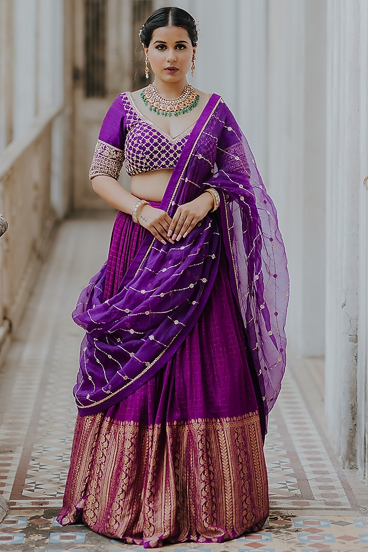 Purple Moonga Banarasi Silk Lehenga Set by Anjana Bohra