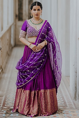 Purple Moonga Banarasi Silk Lehenga Set by Anjana Bohra