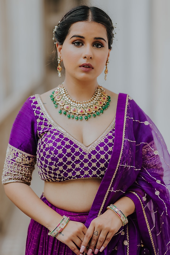 Purple Moonga Banarasi Silk Wedding Lehenga Set by Anjana Bohra at Pernia's Pop Up Shop