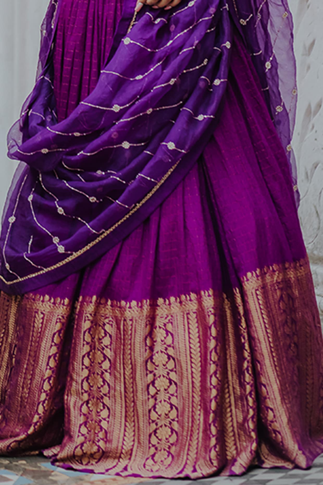 Light-purple plain silk stitched lehenga - Lilots - 3206323