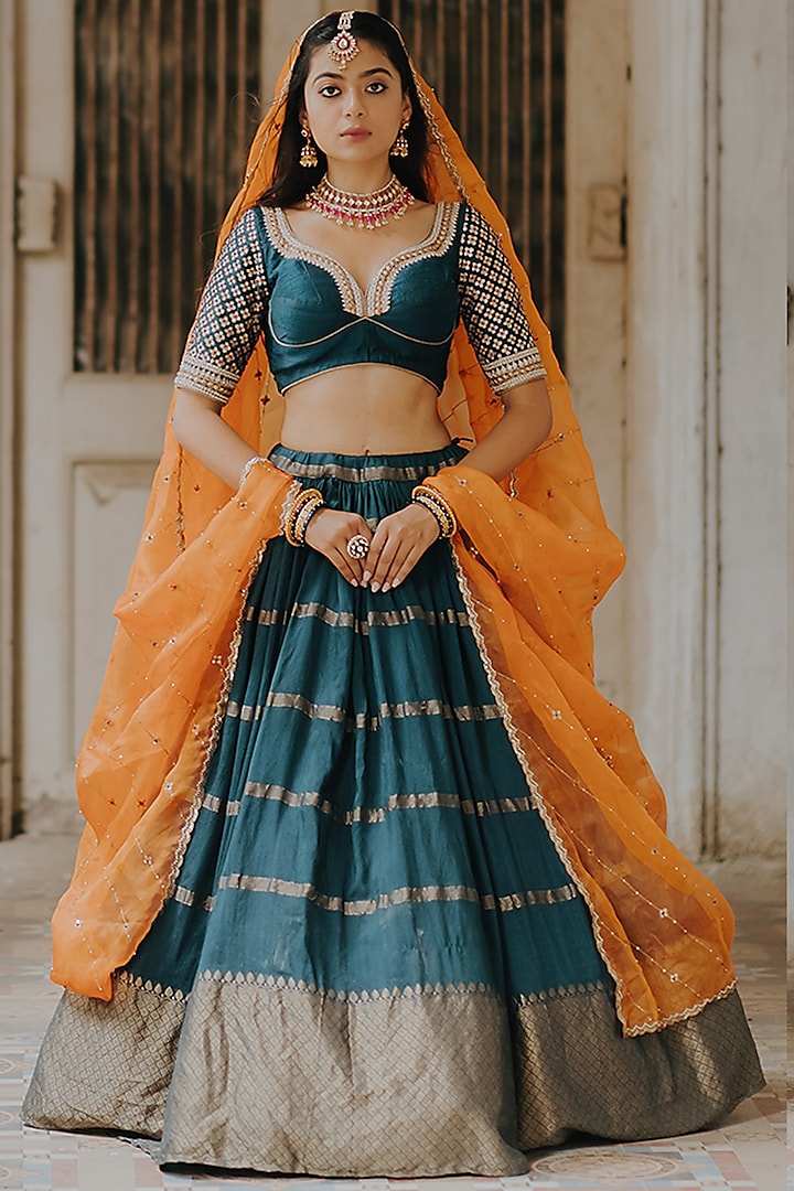 Teal Blue Moonga Banarasi Silk Lehenga Set by Anjana Bohra