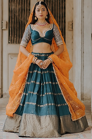 Teal Blue Moonga Banarasi Silk Lehenga Set by Anjana Bohra