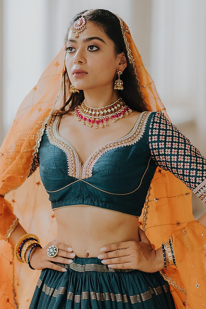 Teal Blue Moonga Banarasi Silk Wedding Lehenga Set by Anjana Bohra at Pernia's Pop Up Shop