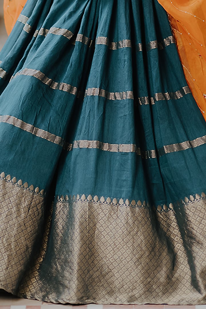 Teal Blue Moonga Banarasi Silk Wedding Lehenga Set by Anjana Bohra at Pernia's Pop Up Shop
