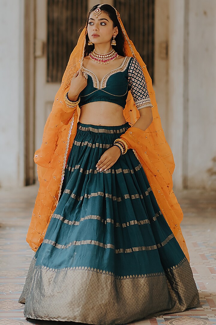 Teal Blue Moonga Banarasi Silk Wedding Lehenga Set by Anjana Bohra at Pernia's Pop Up Shop