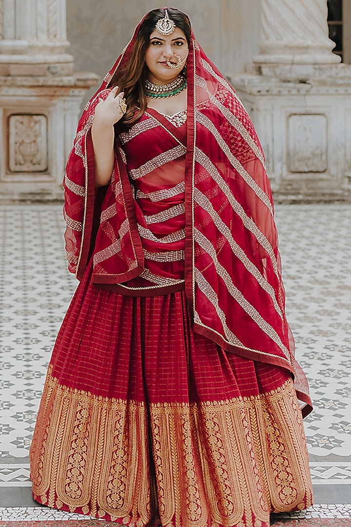 Maroon Moonga Banarasi Silk Lehenga Set by Anjana Bohra
