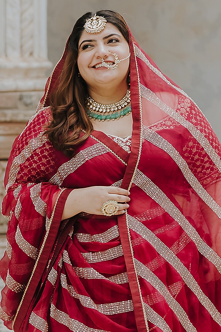 Maroon Moonga Banarasi Silk Wedding Lehenga Set by Anjana Bohra at Pernia's Pop Up Shop