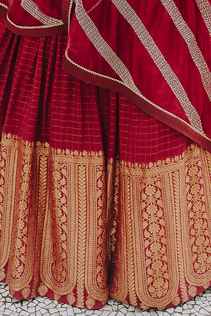 Maroon Moonga Banarasi Silk Wedding Lehenga Set by Anjana Bohra at Pernia's Pop Up Shop
