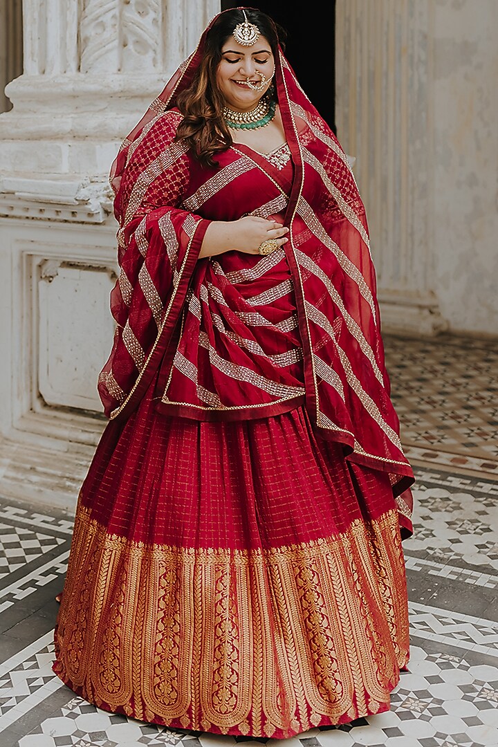 Maroon Moonga Banarasi Silk Wedding Lehenga Set by Anjana Bohra at Pernia's Pop Up Shop