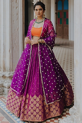 Purple Moonga Banarasi Silk Lehenga Set by Anjana Bohra