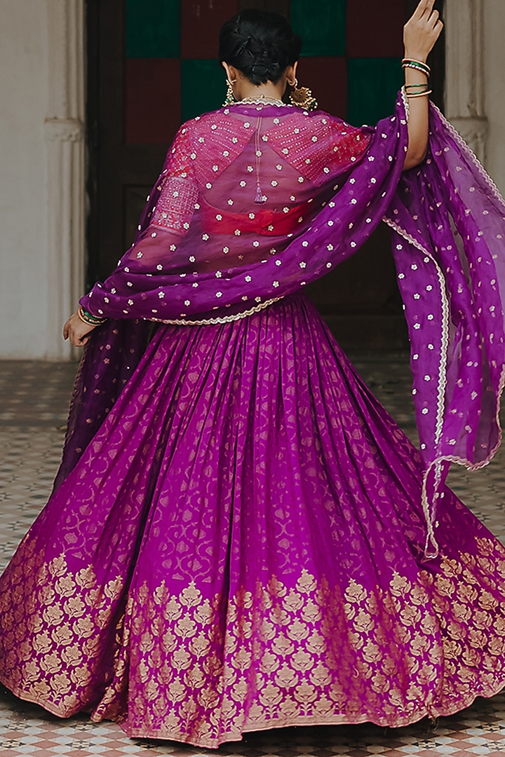 Purple Moonga Banarasi Silk Wedding Lehenga Set by Anjana Bohra at Pernia's Pop Up Shop