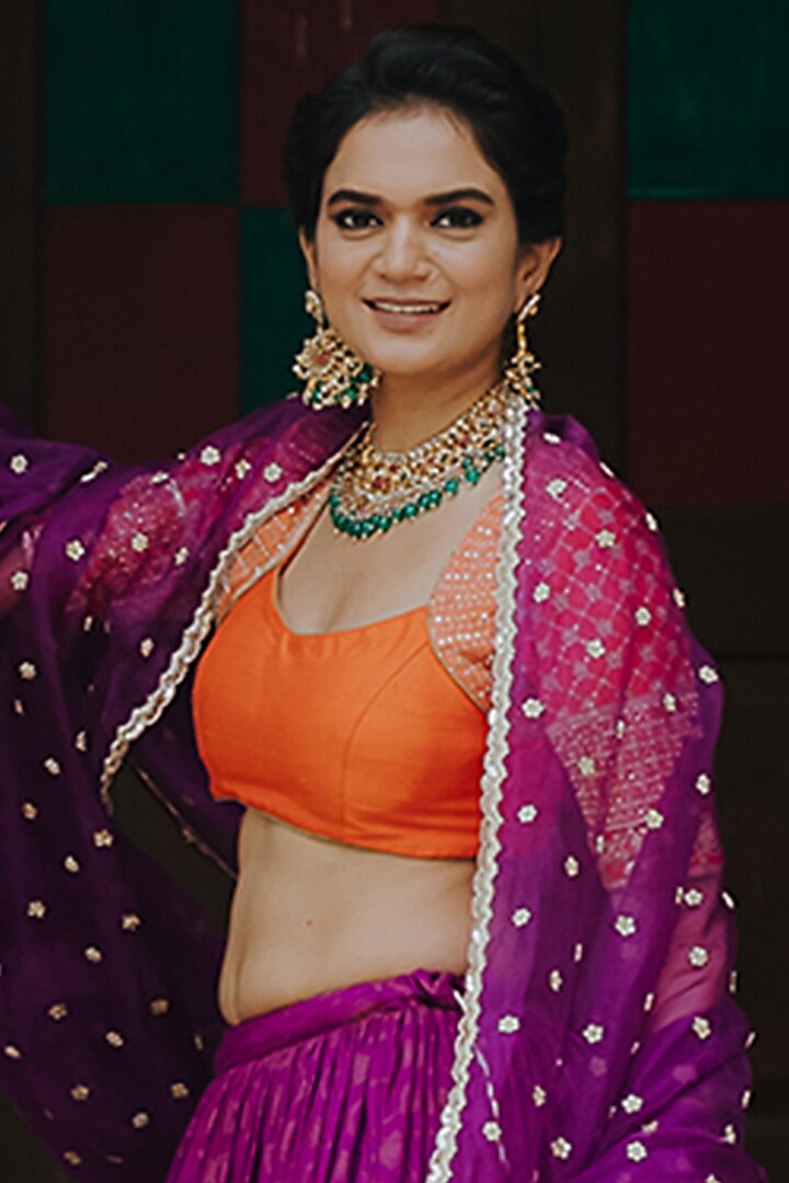 Purple Moonga Banarasi Silk Wedding Lehenga Set by Anjana Bohra at Pernia's Pop Up Shop
