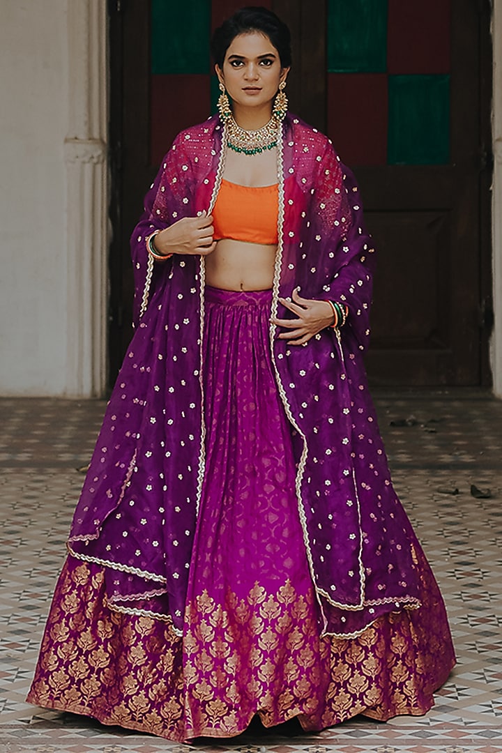 Purple Moonga Banarasi Silk Wedding Lehenga Set by Anjana Bohra at Pernia's Pop Up Shop