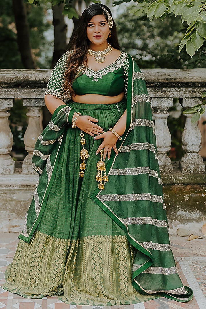 Dark Green Banarasi Silk Wedding Lehenga Set by Anjana Bohra at Pernia's Pop Up Shop