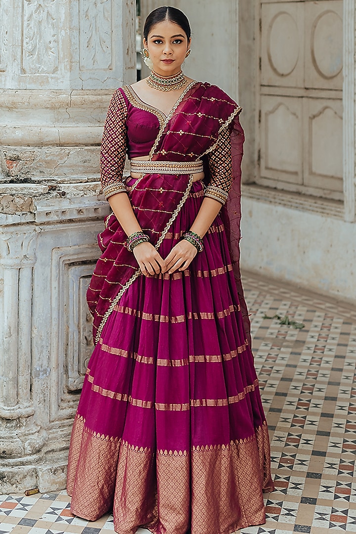 Wine Banarasi Silk Lehenga Set by Anjana Bohra