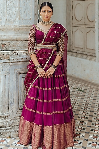 Wine Banarasi Silk Lehenga Set by Anjana Bohra