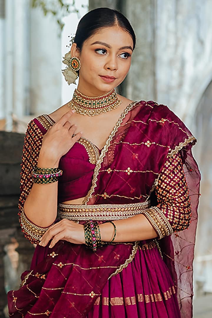 Wine Banarasi Silk Wedding Lehenga Set by Anjana Bohra at Pernia's Pop Up Shop