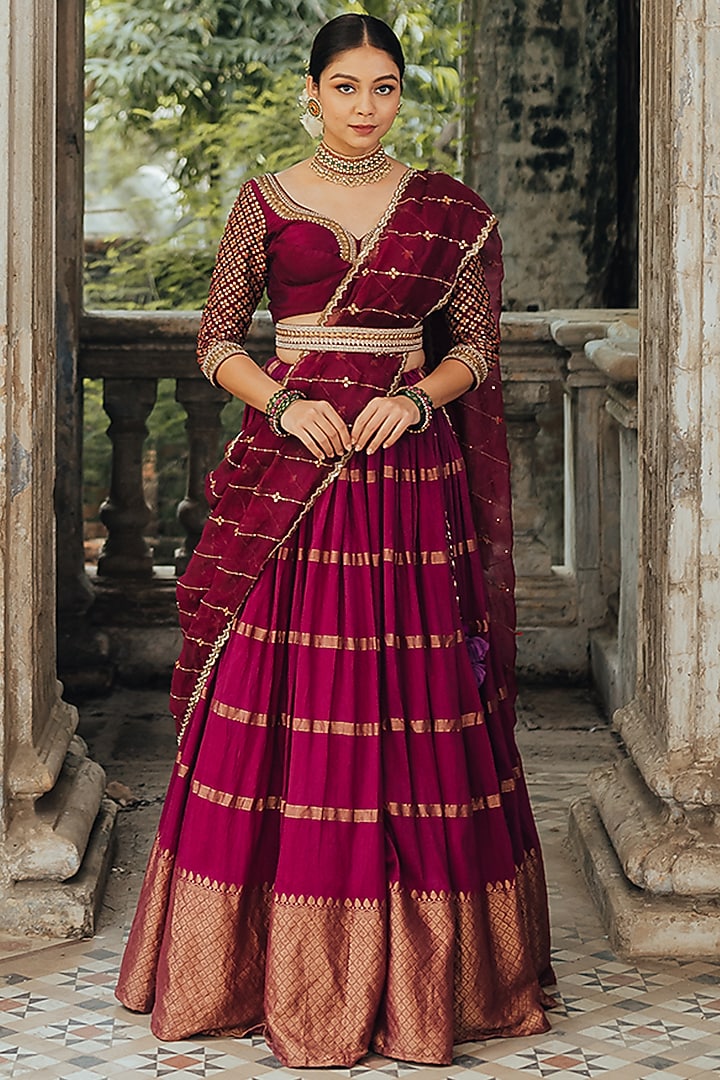Wine Banarasi Silk Wedding Lehenga Set by Anjana Bohra at Pernia's Pop Up Shop