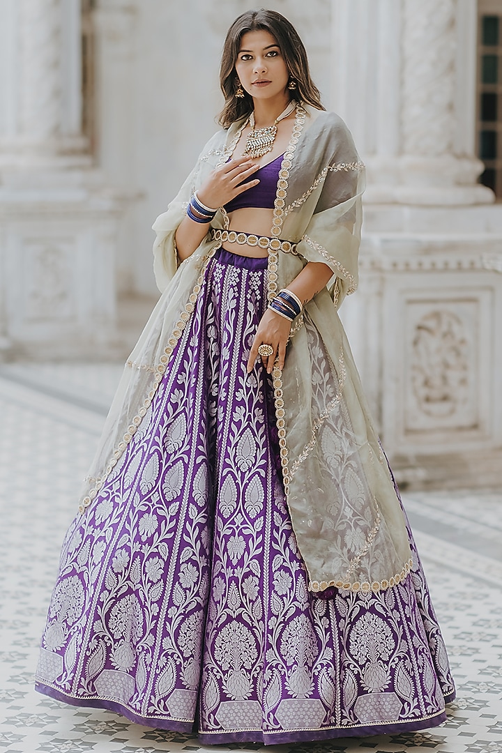 Purple Silver Zari Banarasi Lehenga Set by Anjana Bohra