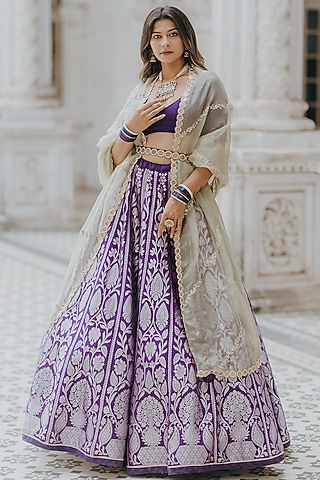 Purple Silver Zari Banarasi Lehenga Set by Anjana Bohra
