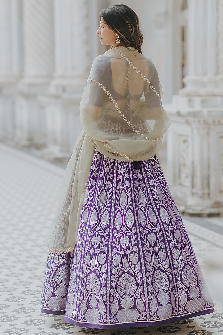 Purple Silver Zari Banarasi Wedding Lehenga Set by Anjana Bohra at Pernia's Pop Up Shop