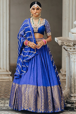 Electric Blue Moonga Silk Lehenga Set by Anjana Bohra