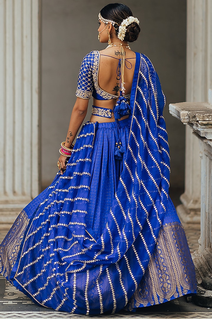 Electric Blue Moonga Silk Wedding Lehenga Set by Anjana Bohra at Pernia's Pop Up Shop