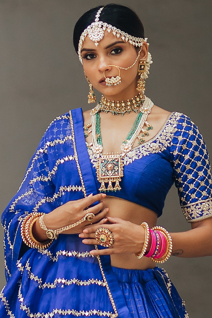 Electric Blue Moonga Silk Wedding Lehenga Set by Anjana Bohra at Pernia's Pop Up Shop