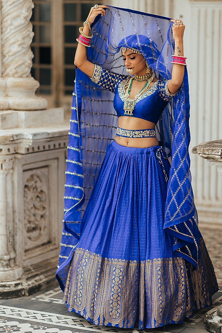 Electric Blue Moonga Silk Wedding Lehenga Set by Anjana Bohra at Pernia's Pop Up Shop