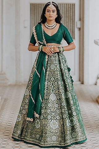 Green Pure Banarasi Lehenga Set by Anjana Bohra