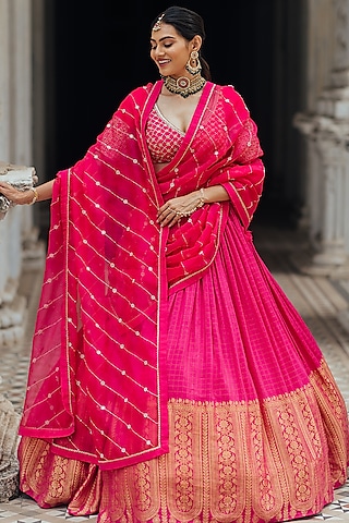 Hot Pink Moonga Silk Lehenga Set by Anjana Bohra