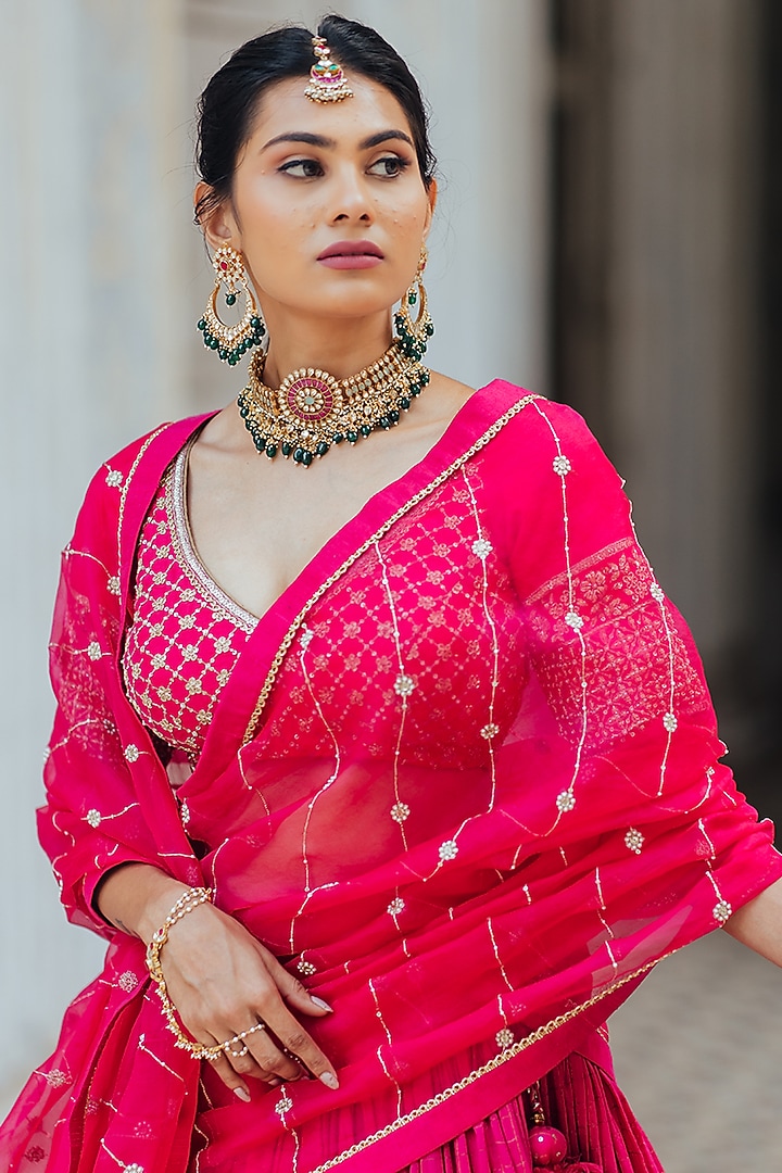 Hot Pink Moonga Silk Wedding Lehenga Set by Anjana Bohra at Pernia's Pop Up Shop