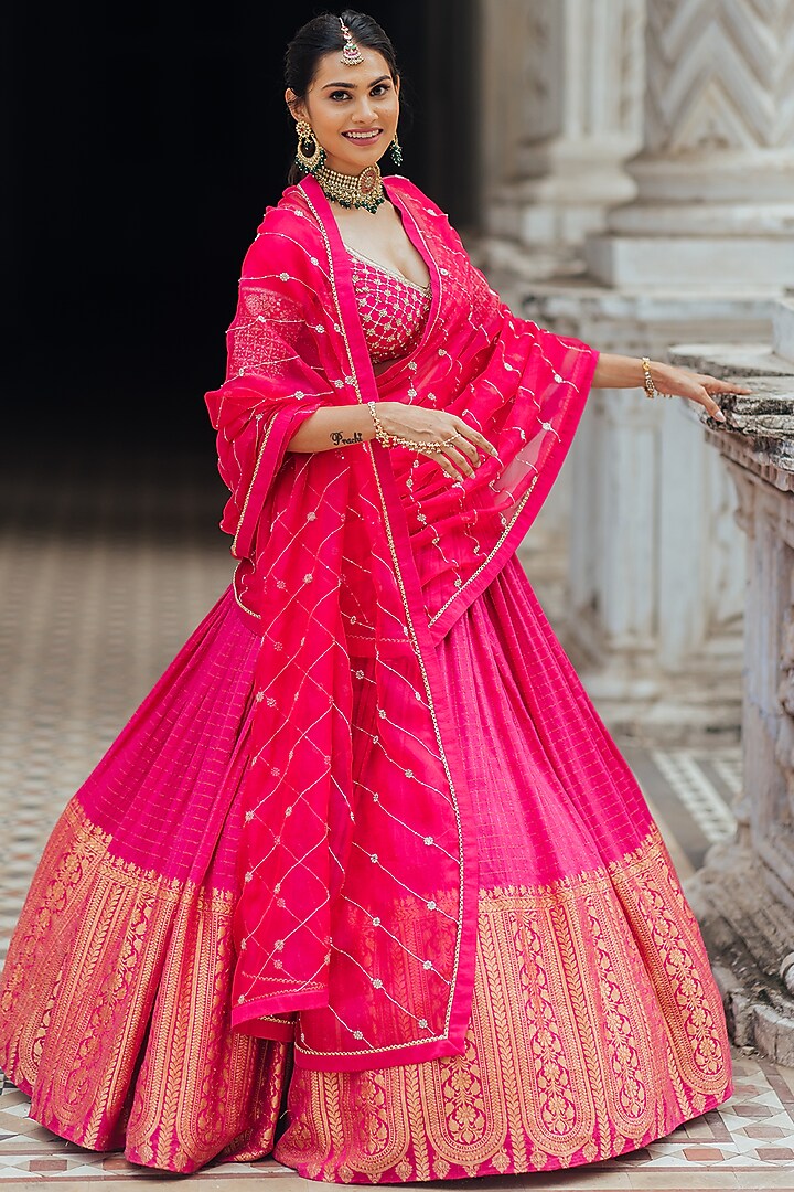 Hot Pink Moonga Silk Wedding Lehenga Set by Anjana Bohra at Pernia's Pop Up Shop