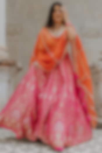 Pink Banarasi Lehenga Set by Anjana Bohra