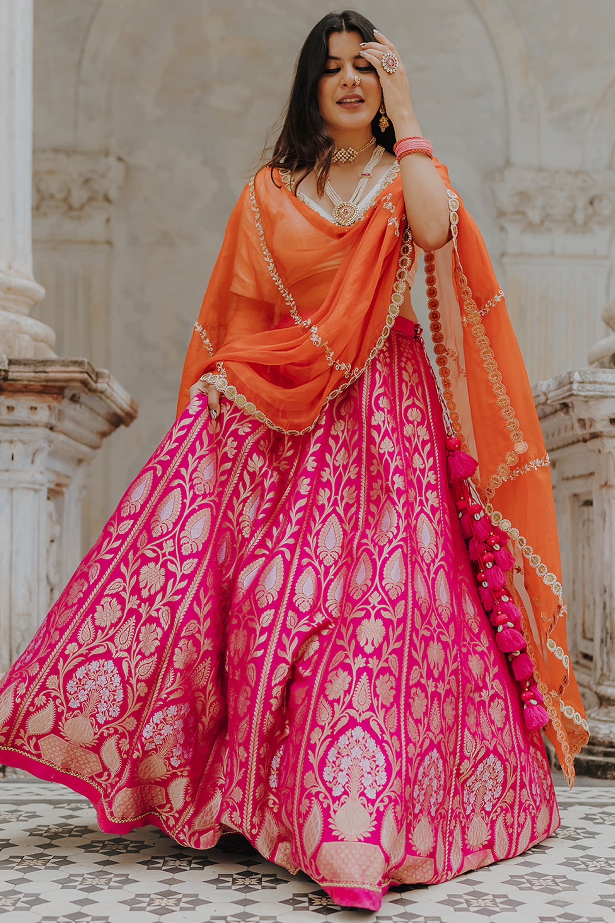 Wedding Banarasi Lehenga Look With Jewellery Pink Banarasi Silk