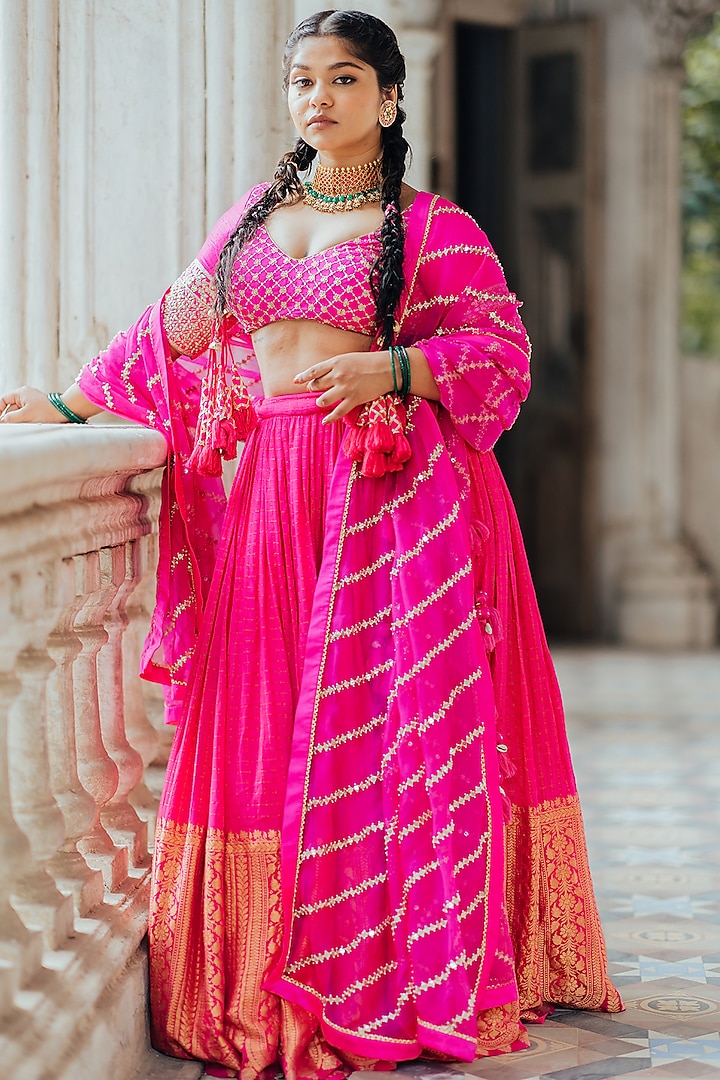 Hot Pink Moonga Banarasi Silk Wedding Lehenga Set by Anjana Bohra at Pernia's Pop Up Shop