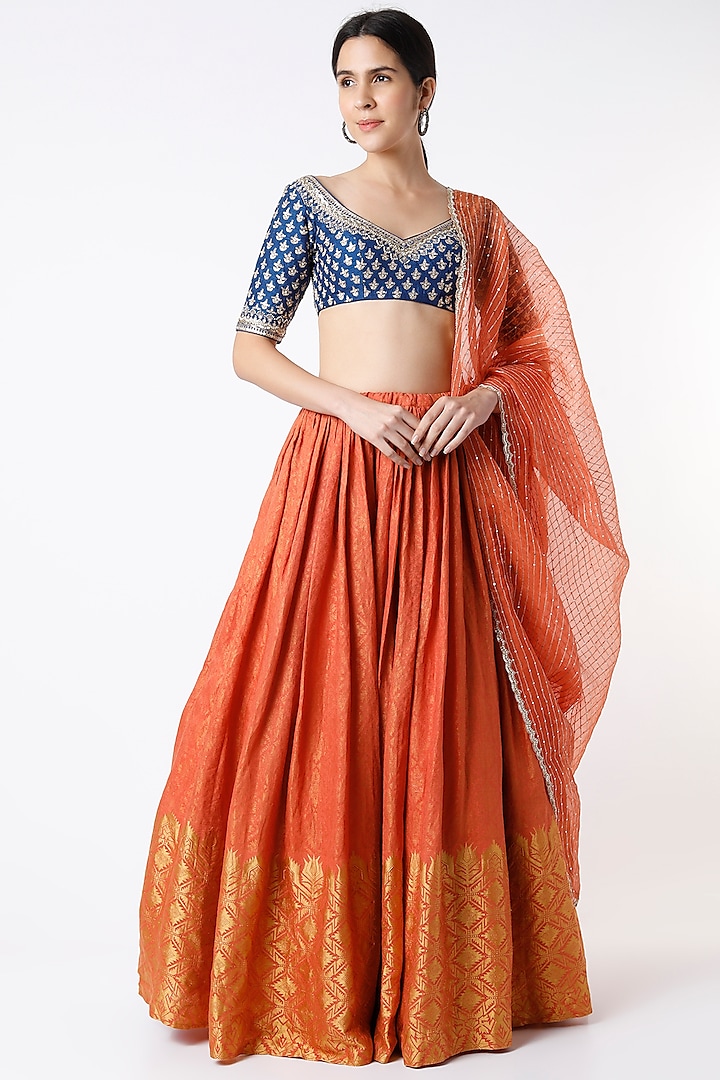 Orange Wedding Lehenga Set With Zari Work by Anjana Bohra at Pernia's Pop Up Shop