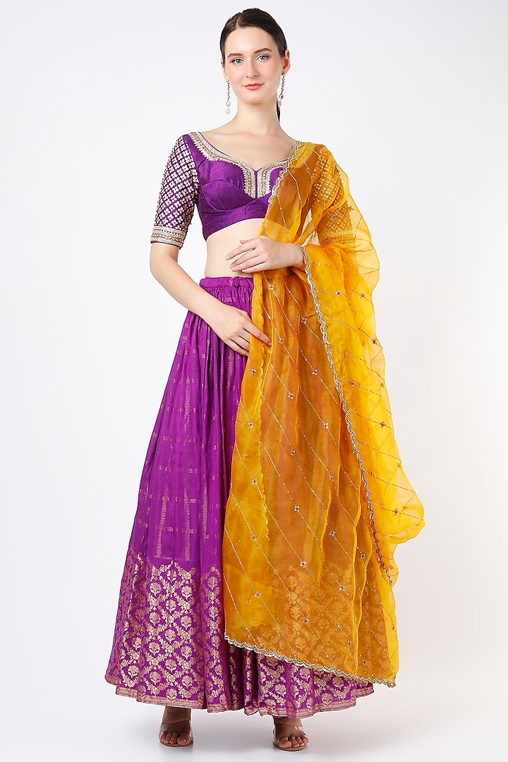 Purple Banarasi Silk Lehenga Set by Anjana Bohra