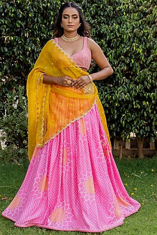 Hot Pink Embroidered Lehenga Set by Anjana Bohra