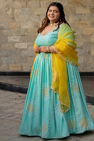 Aqua Embroidered Lehenga Set by Anjana Bohra