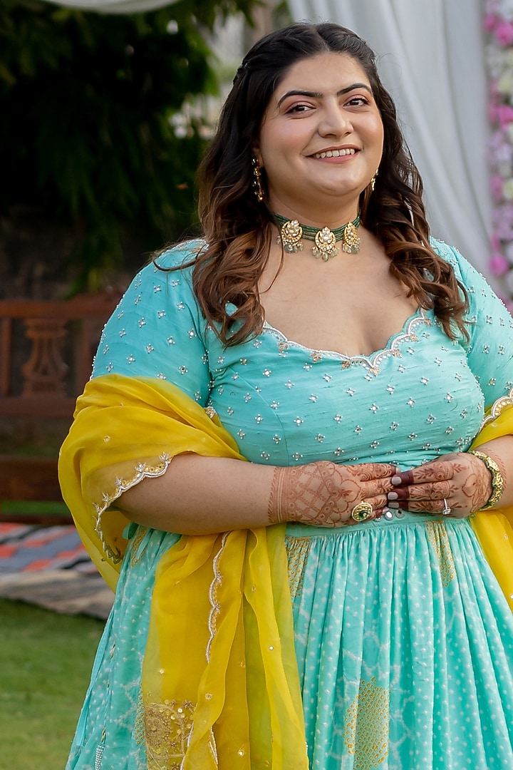 Aqua Embroidered Wedding Lehenga Set by Anjana Bohra at Pernia's Pop Up Shop