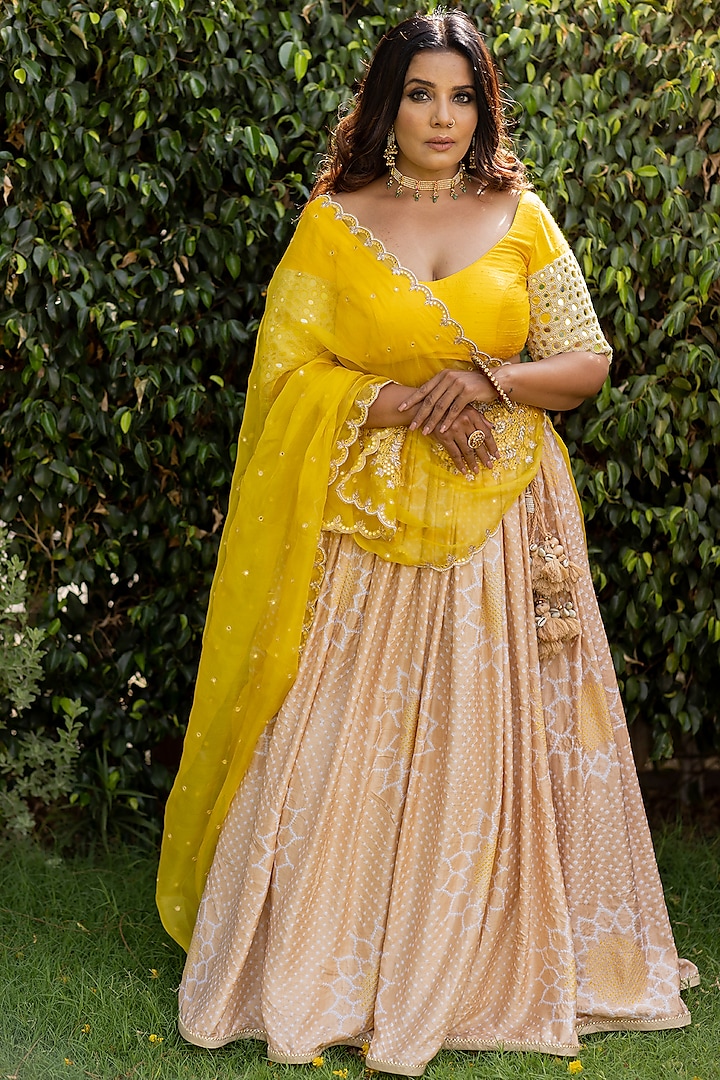 Beige Embroidered Lehenga Set by Anjana Bohra