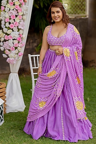 Lilac Embroidered Lehenga Set by Anjana Bohra