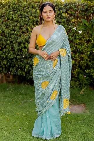 Sea Blue Embroidered Saree by Anjana Bohra