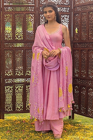 Light Hot Pink Embroidered Anarkali Set by Anjana Bohra