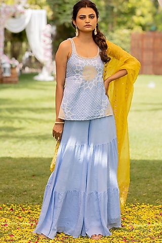 Powder Blue Chiffon Sharara Set by Anjana Bohra