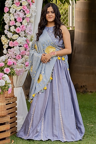 Soft Sky Grey Embroidered Lehenga Set by Anjana Bohra